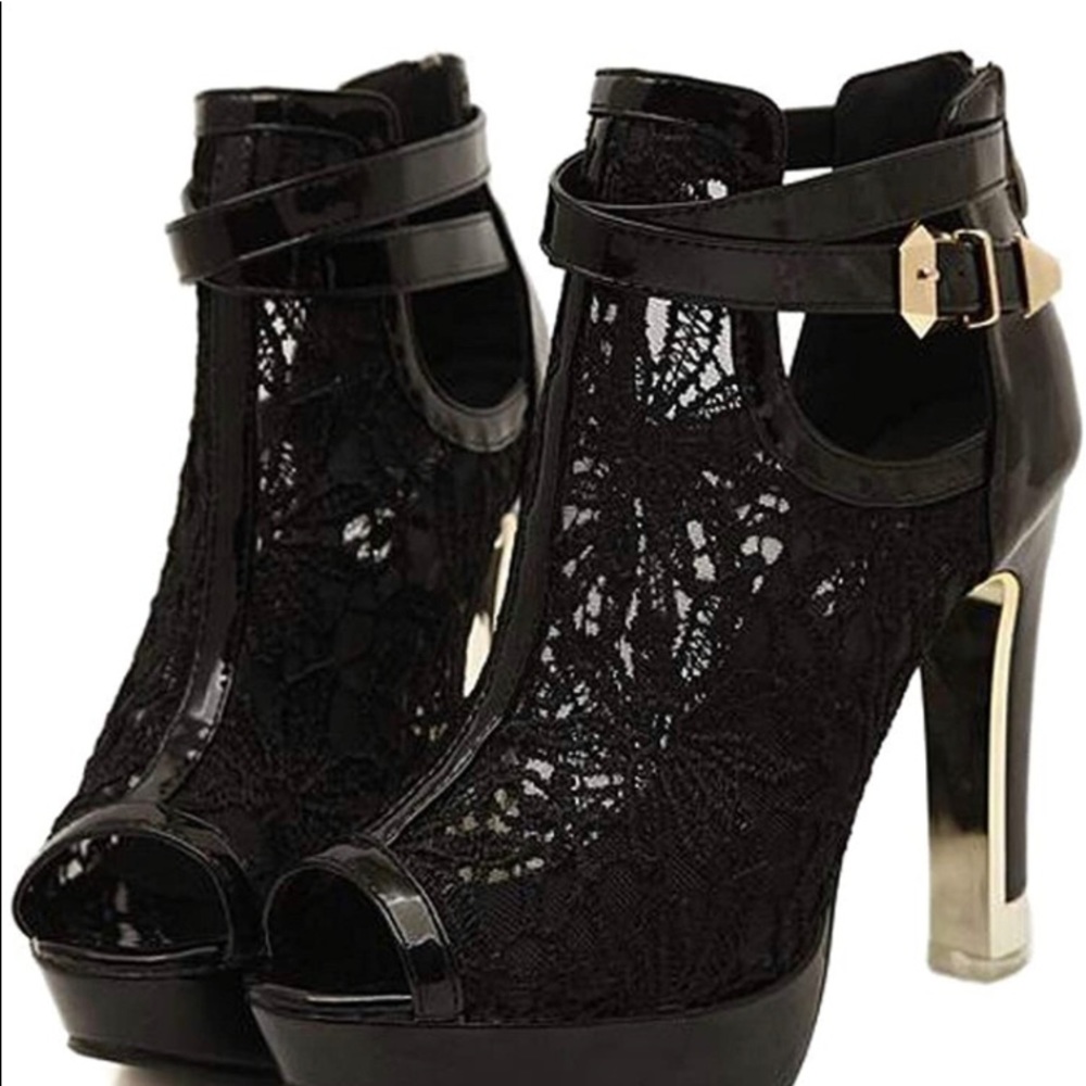 Women pretty Lace Flowers Open Toe Black High Heels Ankle Booties